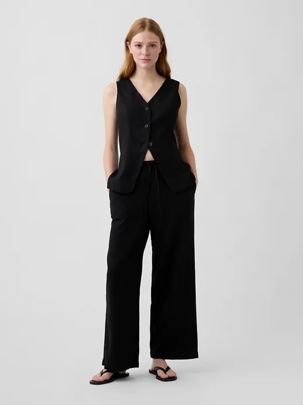 GAP 2 set Women's Black Wide Leg Drawstring Pants with Matching Button Front Top